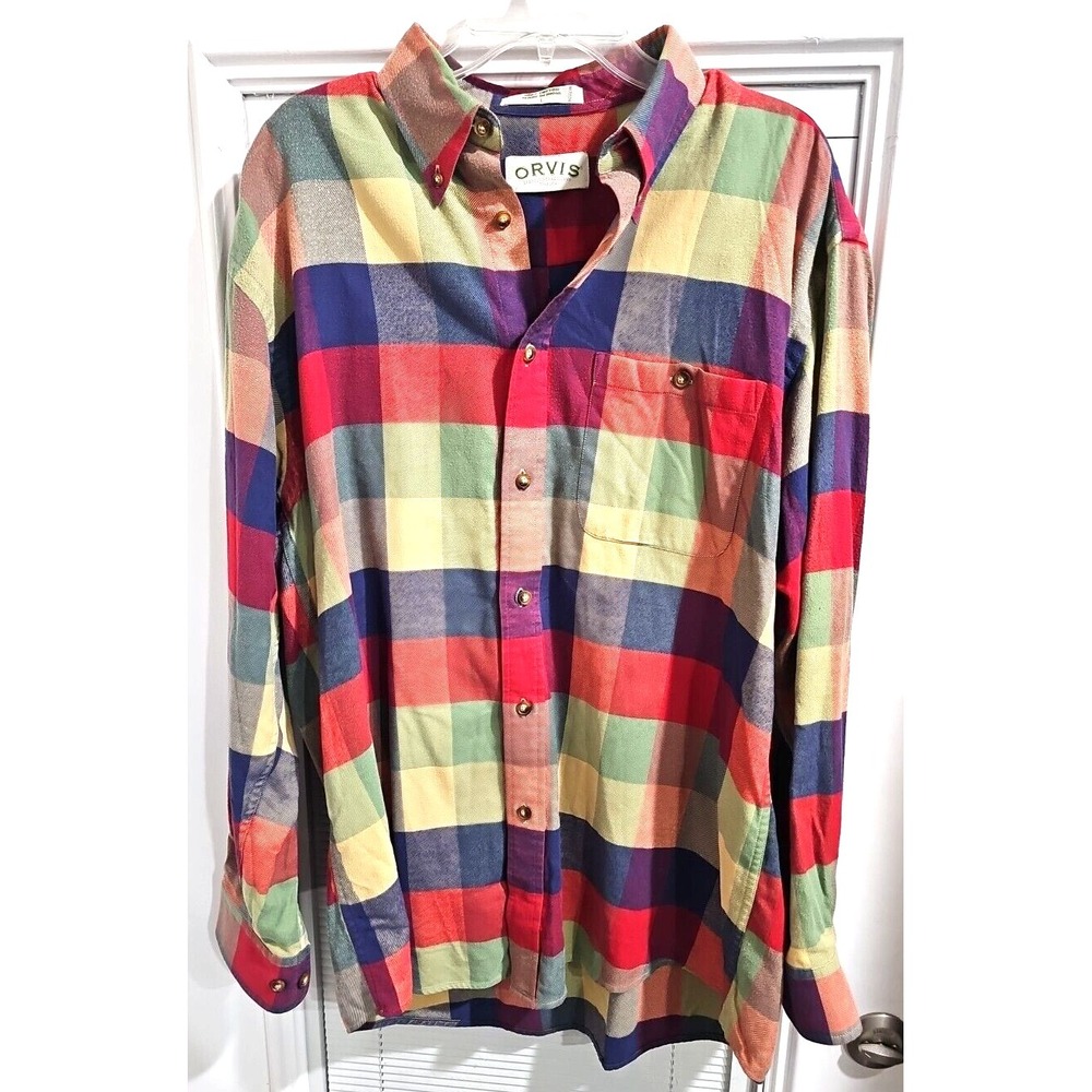 ORVIS Flannel Shirt Button Blue Red Patchwork Plaid Long Sleeve Men's  Large